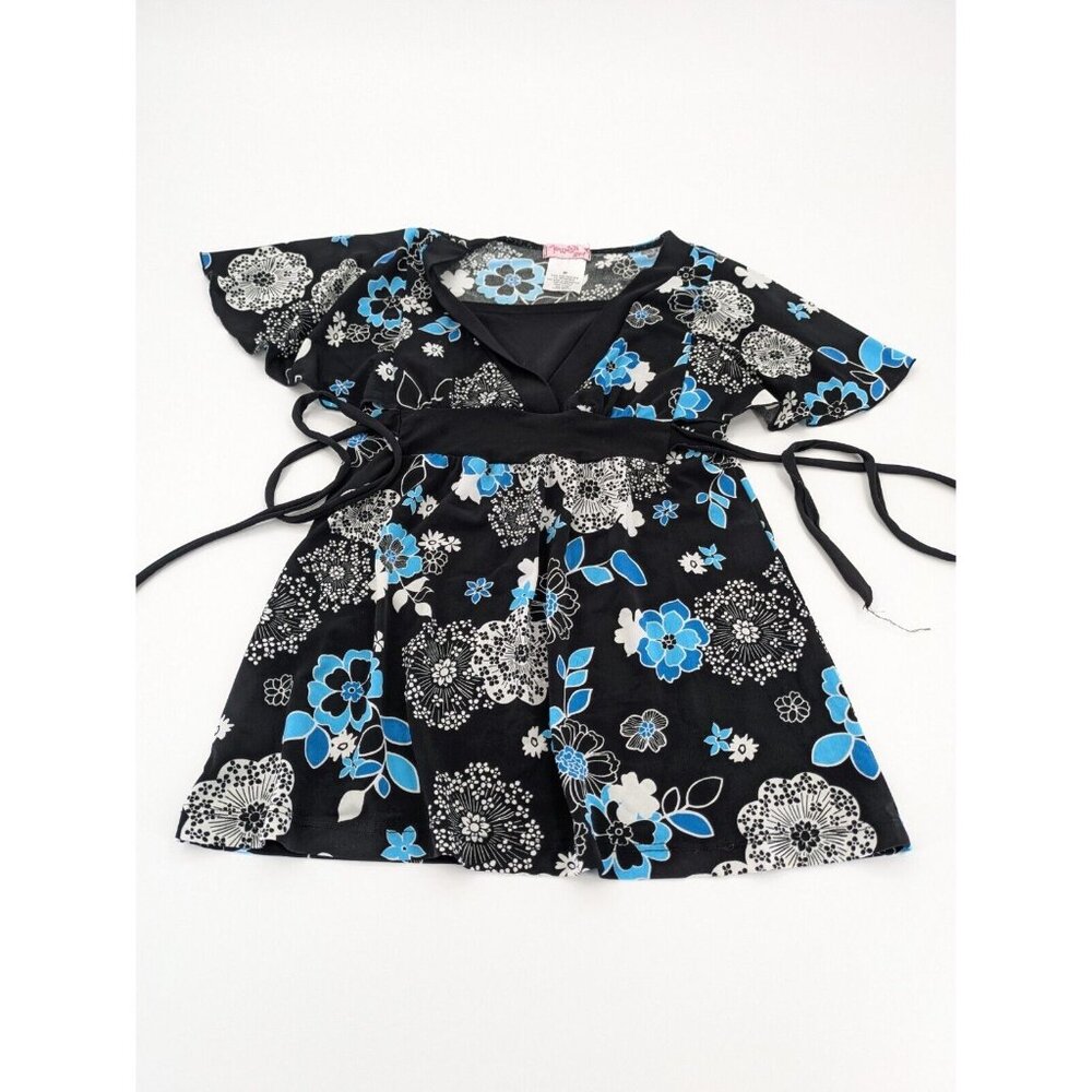 Fleurish Ladies Shirt Size M Ties In Back, Black, White & Turquoise Flower Print